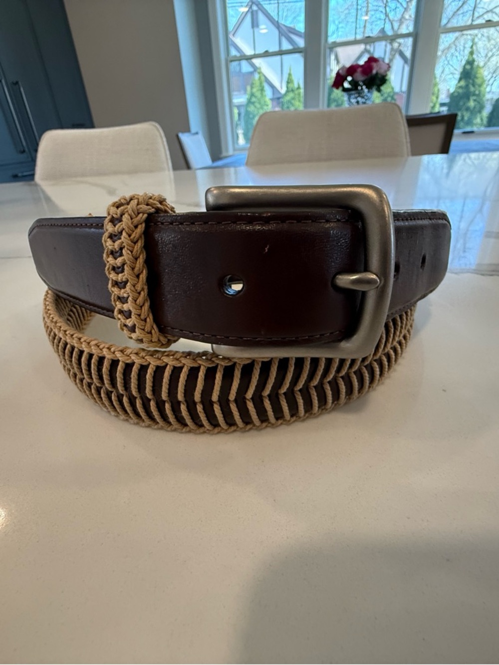 Tommy Bahama Men's Brown Leather & Tan Woven Belt - Classic Casual Style